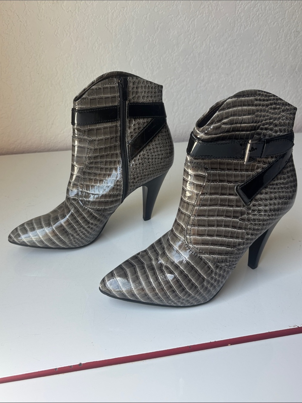 Peter Kaiser Gray Croc-Embossed Pointed Ankle Boots with Black Trim